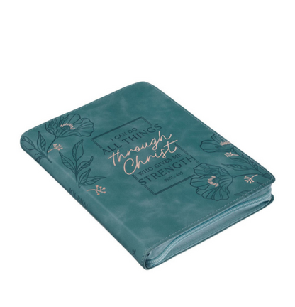 Through Christ Teal Faux Leather Journal with Zippered Closure - Philippians 4:13