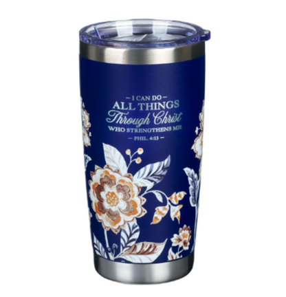 I Can Do All Things Through Christ Honey-Brown and Navy Floral Stainless Steel Travel Tumbler - Philippians 4:13