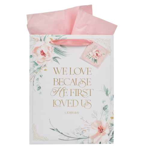 Love Peachy - Pink Floral Large Portrait Gift Bag - 1 John 4:19