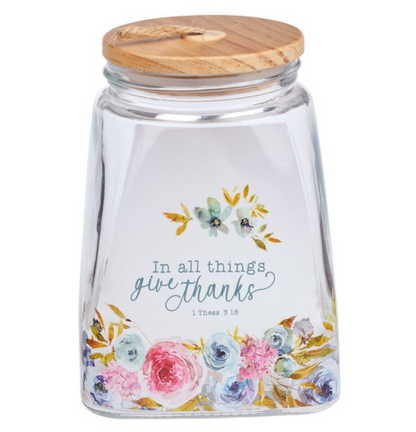 Give Thanks Pink Ranunculus Glass Gratitude Jar with Cards - 1 Thessalonians 5:18