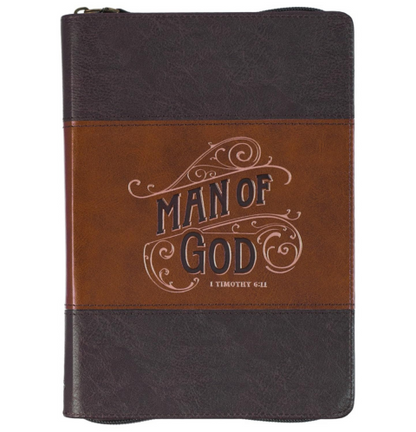 Man of God Honey-brown and Espresso Faux Leather Journal with Zipper Closure - 1 Timothy 6:11