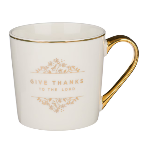 Give Thanks to the LORD White and Gold Ceramic Coffee Mug - Psalm 106:1