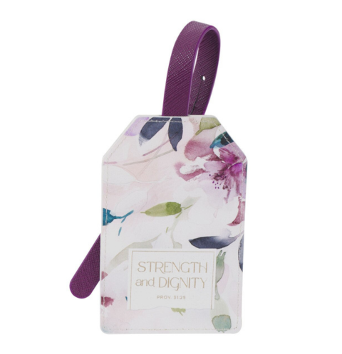 Strength and Dignity Purple Floral Faux Leather Luggage Tag - Proverbs 31:25