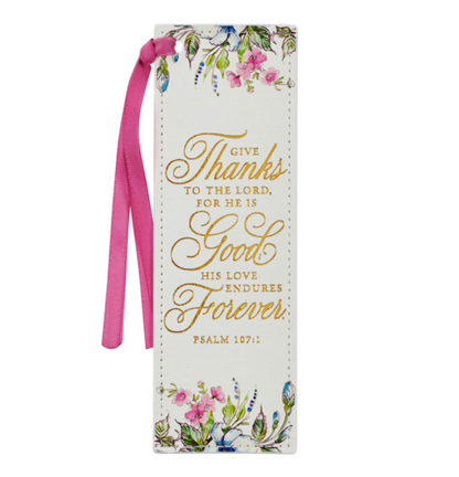 Give Thanks White Floral Faux Leather Bookmark - Psalm 107:1