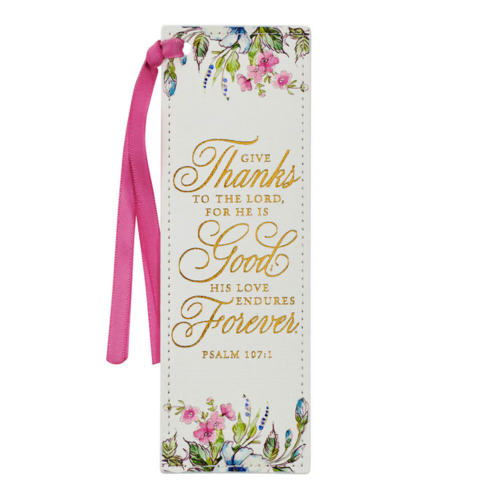 Give Thanks White Floral Faux Leather Bookmark - Psalm 107:1