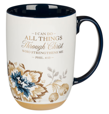 I Can Do All Things Honey-brown and Blue Ceramic Mug with Exposed Clay Base - Philippians 4:13