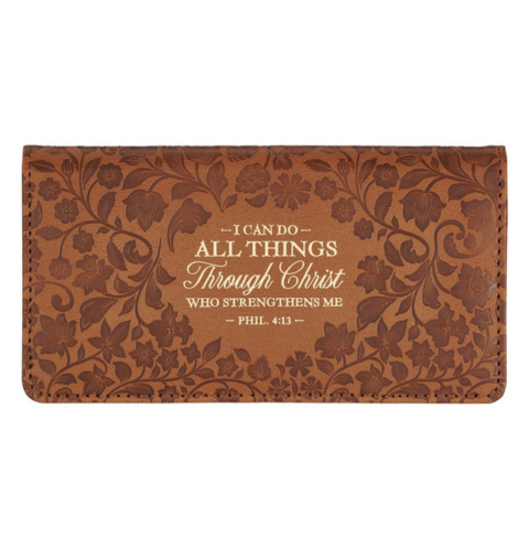 All Things Honey-brown Faux Leather Checkbook Wallet - Philippians 4:13