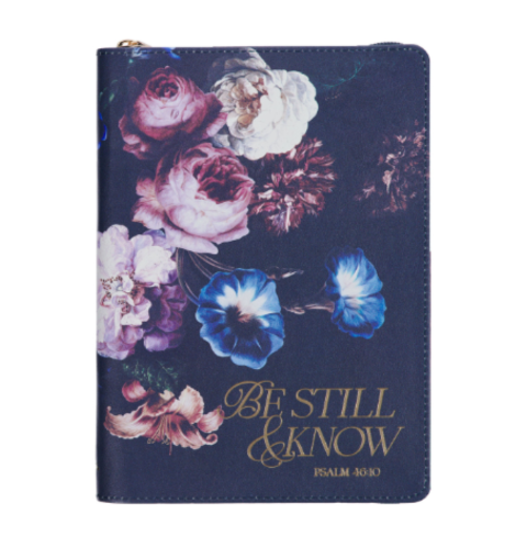 Be Still and Know Midnight Blue Floral Faux Leather Classic Journal with Zipper Closure - Psalm 46:10