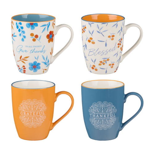 Give Thanks Blue and Orange Ceramic Mug Set - 1 Thessalonians 5:18