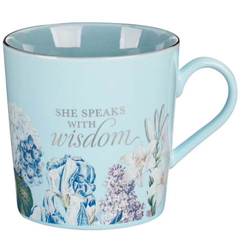 She Speaks with Wisdom Blue Floral Ceramic Coffee Mug - Proverbs 31:26