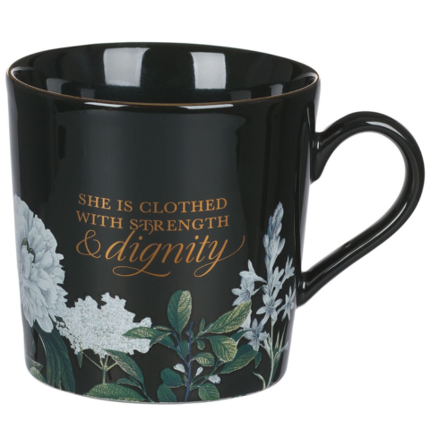 Strength and Dignity Black Floral Ceramic Coffee Mug - Proverbs 31:25