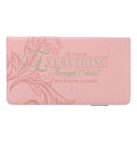 Through Christ Fluted Iris Pink Faux Leather Checkbook Wallet - Philippians 4:13