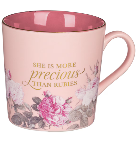 More Precious than Rubies Pink Floral Ceramic Coffee Mug - Proverbs 31:10