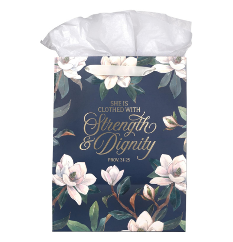 Strength and Dignity Blush Magnolia Large Portrait Gift Bag - Proverbs 31:25