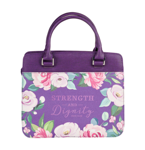 Strength and Dignity Purple Floral Purse-style Bible Cover - Proverbs 31:25