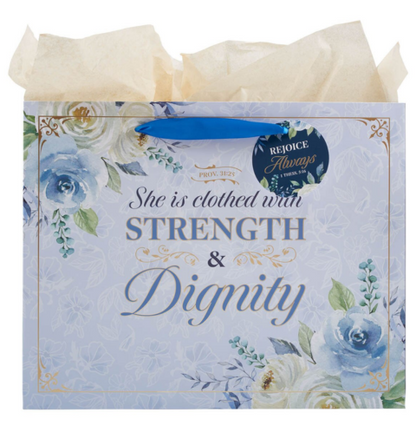 Strength and Dignity Blue Roses Large Landscape Gift Bag - Proverbs 31:25