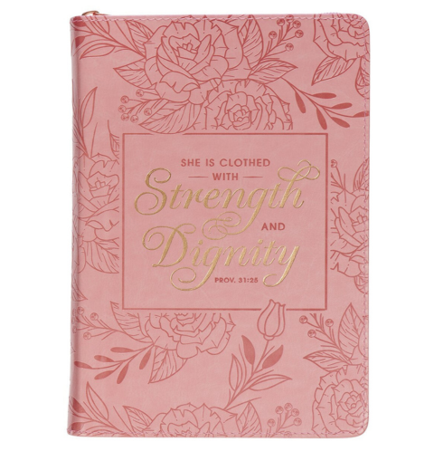 Strength and Dignity Pink Faux Leather Journal with Zippered Closure - Proverbs 31:25