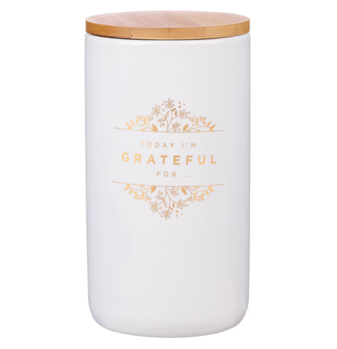 Grateful Gold and White Ceramic Gratitude Jar with Cards