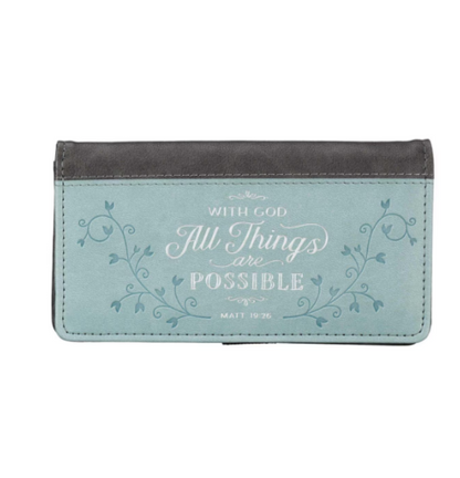 All Things Are Possible Two-tone Gray and Blue Faux Leather Checkbook Cover -Matthew 19:26