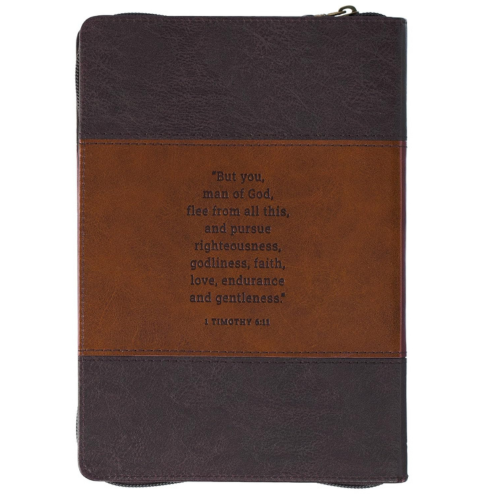 Man of God Honey-brown and Espresso Faux Leather Journal with Zipper Closure - 1 Timothy 6:11