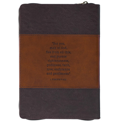 Man of God Honey-brown and Espresso Faux Leather Journal with Zipper Closure - 1 Timothy 6:11