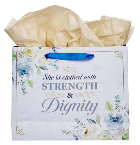 Strength and Dignity Blue Roses Large Landscape Gift Bag - Proverbs 31:25