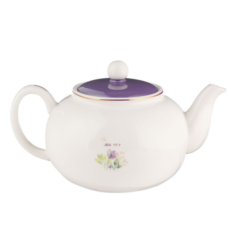 Blessed Purple Floral Ceramic Teapot - Jeremiah 17:7