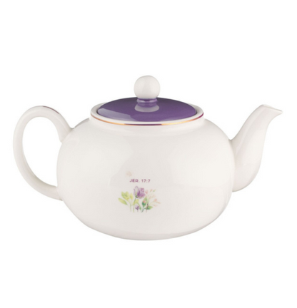 Blessed Purple Floral Ceramic Teapot - Jeremiah 17:7