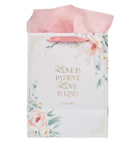 Love Peachy - Pink Floral Large Portrait Gift Bag - 1 John 4:19