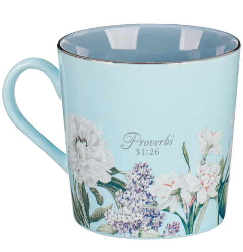 She Speaks with Wisdom Blue Floral Ceramic Coffee Mug - Proverbs 31:26