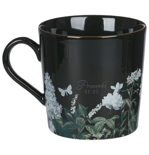 Strength and Dignity Black Floral Ceramic Coffee Mug - Proverbs 31:25