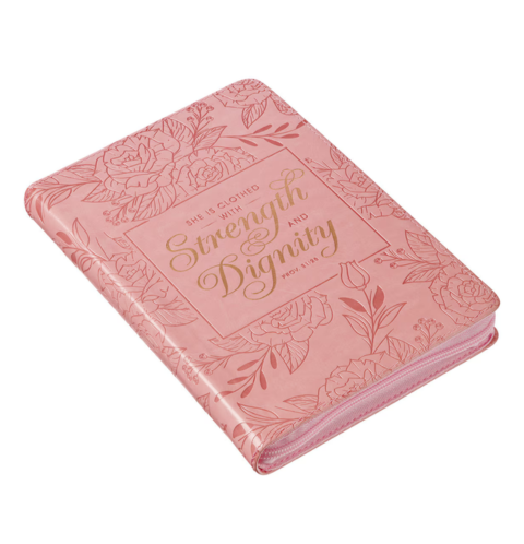 Strength and Dignity Pink Faux Leather Journal with Zippered Closure - Proverbs 31:25