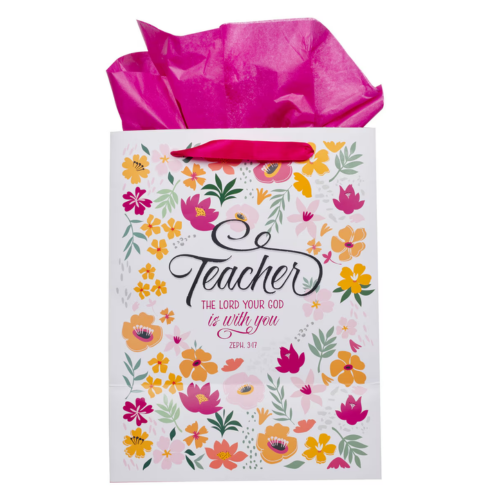 The Lord is With You Pink Floral Large Portrait Gift Bag - Zephaniah 3:17