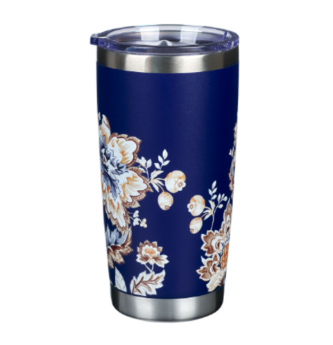 I Can Do All Things Through Christ Honey-Brown and Navy Floral Stainless Steel Travel Tumbler - Philippians 4:13