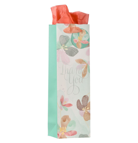 Thank You Teal Floral Bottle Gift Bag