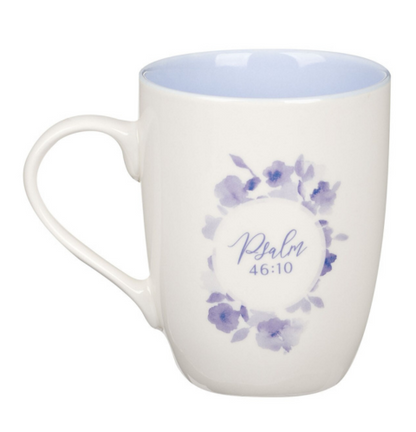 Be Still and Know Blue Blooms Ceramic Coffee Mug - Psalm 46:10