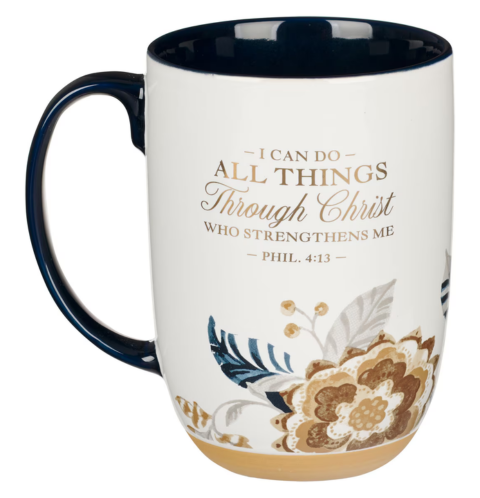 I Can Do All Things Honey-brown and Blue Ceramic Mug with Exposed Clay Base - Philippians 4:13