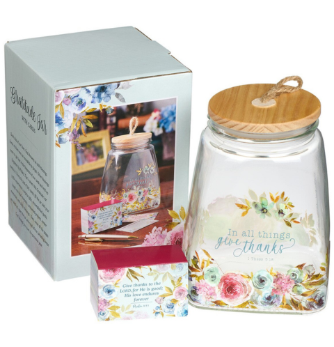 Give Thanks Pink Ranunculus Glass Gratitude Jar with Cards - 1 Thessalonians 5:18