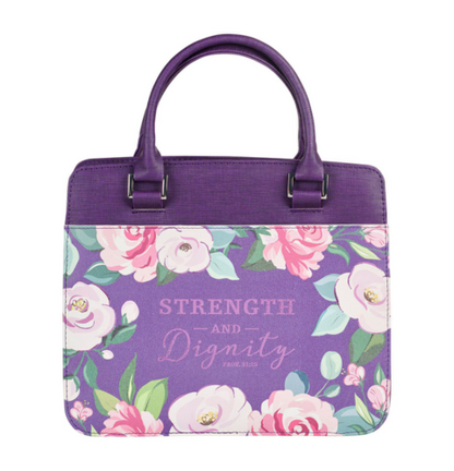 Strength and Dignity Purple Floral Purse-style Bible Cover - Proverbs 31:25