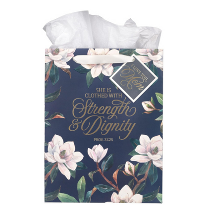 Strength and Dignity Blush Magnolia Large Portrait Gift Bag - Proverbs 31:25