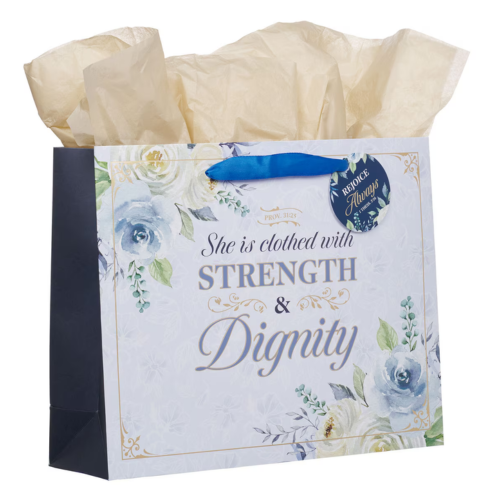 Strength and Dignity Blue Roses Large Landscape Gift Bag - Proverbs 31:25