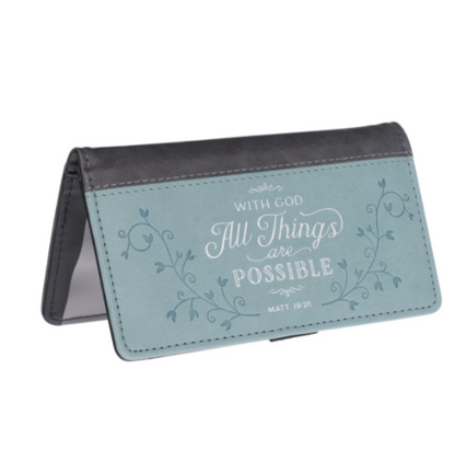 All Things Are Possible Two-tone Gray and Blue Faux Leather Checkbook Cover -Matthew 19:26