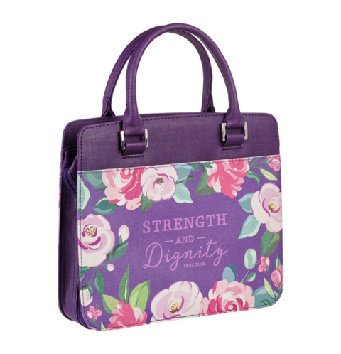 Strength and Dignity Purple Floral Purse-style Bible Cover - Proverbs 31:25