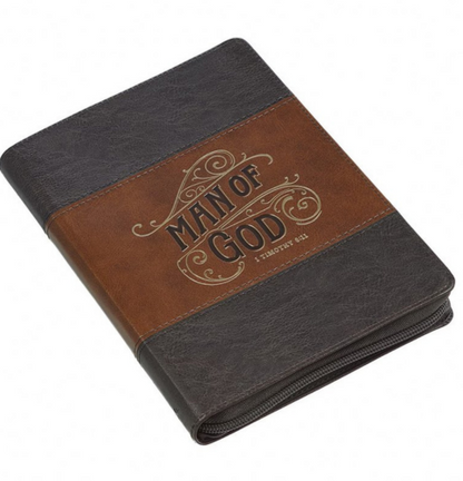 Man of God Honey-brown and Espresso Faux Leather Journal with Zipper Closure - 1 Timothy 6:11