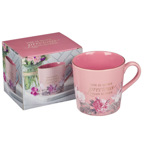 More Precious than Rubies Pink Floral Ceramic Coffee Mug - Proverbs 31:10