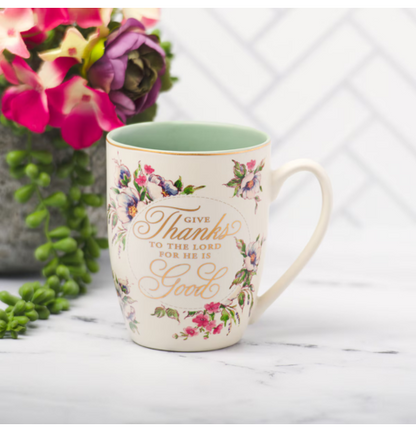 Give Thanks to the Lord White Ceramic Coffee Mug - Psalm 107:1