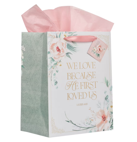 Love Peachy - Pink Floral Large Portrait Gift Bag - 1 John 4:19