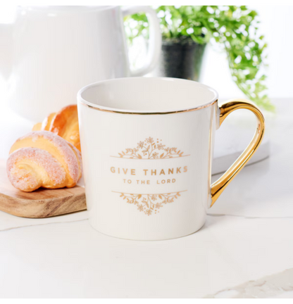 Give Thanks to the LORD White and Gold Ceramic Coffee Mug - Psalm 106:1