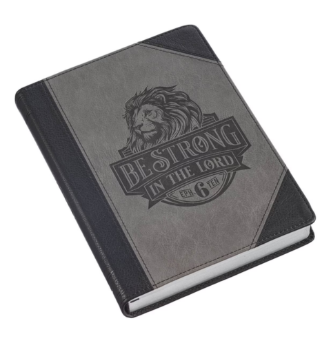 Be Strong in the Lord Black and Gray Lion Faux Leather Journal - Ephesians 6:10