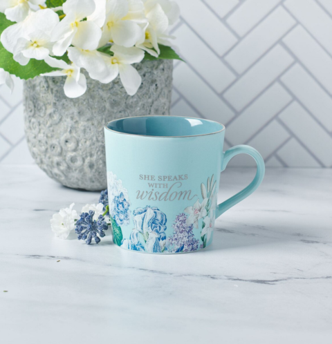 She Speaks with Wisdom Blue Floral Ceramic Coffee Mug - Proverbs 31:26